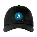 Classic Subway Baseball Caps | Black Baseball Cap with a orange circle featuring a white "A". Text below reads: "Manhattan to Queens" Perfect for fans of the NYC Subway Line.