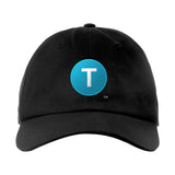 Classic Subway Baseball Caps | Black Baseball Cap with a orange circle featuring a white "T". Text below reads: "Brooklyn to Manhattan." Perfect for fans of the NYC Subway Line.