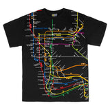 Manhattan Map Tees | Black t-shirt featuring a vibrant Manhattan subway map print with NYC Subway Line logo on the back, 100% cotton, slim-cut design
