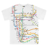 Manhattan Map Tees | White t-shirt featuring a vibrant Manhattan subway map print with NYC Subway Line logo on the back, 100% cotton, slim-cut design