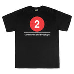Classic Subway Tees | Black t-shirt with a blue circle featuring a white "2". Text below reads: "Downtown to Brooklyn." Perfect for fans of the NYC Subway Line.