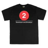 Classic Subway Tees | Black t-shirt with a red circle featuring a white "2". Text below reads: "Downtown to Brooklyn." Perfect for fans of the NYC Subway Line.