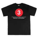 Classic Subway Tees | Black t-shirt with a red circle featuring a white "3". Text below reads: "Harlem to Queens." Perfect for fans of the NYC Subway Line.