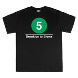 Classic Subway Tees | Black t-shirt with a green circle featuring a white "5". Text below reads: "Brooklyn to Bronx." Perfect for fans of the NYC Subway Line.