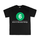 Kids Classic Subway Logo Tee | Black t-shirt with a blue circle featuring a white "6". Text below reads: "Bronx to Brooklyn Bridge." Perfect for fans of the NYC Subway Line.