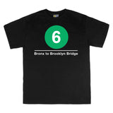 Classic Subway Tees | Black t-shirt with a green circle featuring a white "6". Text below reads: "Bronx to Brooklyn Bridge." Perfect for fans of the NYC Subway Line.