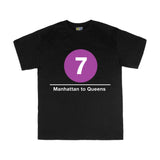 Kids Classic Subway Logo Tee | Black t-shirt with a blue circle featuring a white "7". Text below reads: "Manhattan to Queens." Perfect for fans of the NYC Subway Line.