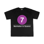 Toddler Classic Subway Logo Tee | Black t-shirt with a blue circle featuring a white "7". Text below reads: "Manhattan to Queens." Perfect for fans of the NYC Subway Line.