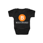 Baby Classic Subway Logo Romper | Black romper with a blue circle featuring a white "B". Text below reads: "Bronx to Brooklyn." Perfect for fans of the NYC Subway Line.