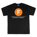 Classic Subway Tees | Black t-shirt with a orange circle featuring a white "F". Text below reads: "Brooklyn to Queens." Perfect for fans of the NYC Subway Line.