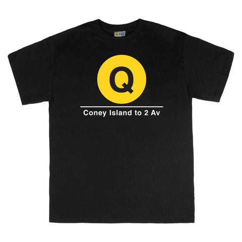 Classic Subway Tees | Black t-shirt with a yellow circle featuring a white "Q". Text below reads: "Coney Island to 2 Av" Perfect for fans of the NYC Subway Line.