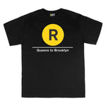 Classic Subway Tees | Black t-shirt with a yellow circle featuring a white  "R". Text below reads: "Queens to Brooklyn." Perfect for fans of the NYC Subway Line.
