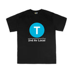 Kids Classic Subway Logo Tee | Black t-shirt with a blue circle featuring a white "T". Text below reads: "2nd Av Local." Perfect for fans of the NYC Subway Line.