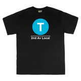 Classic Subway Tees | Black t-shirt with a teal circle featuring a white "T". Text below reads: "2nd Av Local." Perfect for fans of the NYC Subway Line.