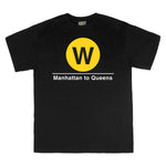 Classic Subway Tees | Black t-shirt with a yellow circle featuring a white "W". Text below reads: "Manhattan to Queens." Perfect for fans of the NYC Subway Line.