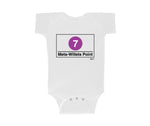 Mets Stadium Station Rompers | White Rompers featuring Mets Stadium subway line symbols from 'New York City Subways'. Perfect for fans of the NYC Subway Line.