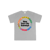 NYC Subway Line Toddler Multi-Circle Tee | Sport Gray Kids Tee featuring a colorful circular design of 23 NYC subway line symbols surrounding the text 'New York City Subways,' made from 100% cotton
