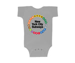 NYC Subway Line Toddler Multi-Circle Romper | Sport Gray Romper Tee featuring a colorful circular design of 23 NYC subway line symbols surrounding the text 'New York City Subways,' made from 100% cotton