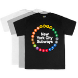NYC Subway Line Toddler Multi-Circle Tee | NYC Subway Line Toddler Multi-Circle Tee | 3 Color Toddler Tee featuring a colorful circular design of 23 NYC subway line symbols surrounding the text 'New York City Subways,' made from 100% cotton