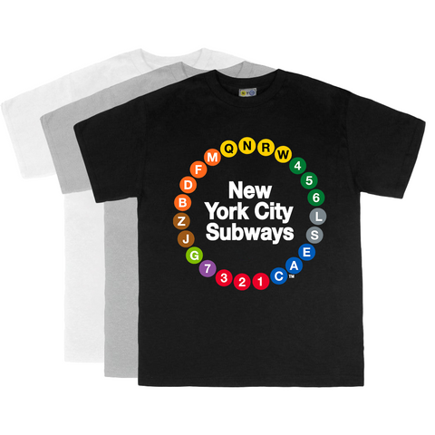 NYC Subway Line Toddler Multi-Circle Tee | NYC Subway Line Toddler Multi-Circle Tee | 3 Color Toddler Tee featuring a colorful circular design of 23 NYC subway line symbols surrounding the text 'New York City Subways,' made from 100% cotton