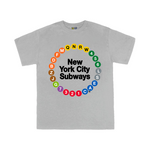 NYC Subway Line Toddler Multi-Circle Tee | Sport Gray Toddler Tee featuring a colorful circular design of 23 NYC subway line symbols surrounding the text 'New York City Subways,' made from 100% cotton