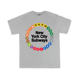 NYC Subway Line Toddler Multi-Circle Tee | Sport Gray Toddler Tee featuring a colorful circular design of 23 NYC subway line symbols surrounding the text 'New York City Subways,' made from 100% cotton