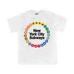 NYC Subway Line Toddler Multi-Circle Tee | White Toddler Tee featuring a colorful circular design of 23 NYC subway line symbols surrounding the text 'New York City Subways,' made from 100% cotton