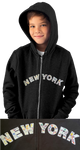 NYC Subway Line |  Kids Photo of Classic Black zip-up hoodie featuring white appliqué letters imprinted with the NYC subway map design, a versatile three-season essential for your wardrobe
