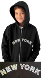 NYC Subway Line |  Kids Photo of Classic Black zip-up hoodie featuring white appliqué letters imprinted with the NYC subway map design, a versatile three-season essential for your wardrobe