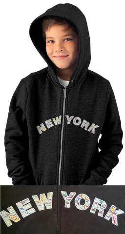 NYC Subway Line |  Kids Photo of Classic Black zip-up hoodie featuring white appliqué letters imprinted with the NYC subway map design, a versatile three-season essential for your wardrobe