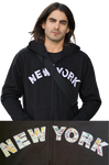NYC Subway Line | Adult Photo of Classic Black zip-up hoodie featuring white appliqué letters imprinted with the NYC subway map design, a versatile three-season essential for your wardrobe