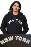 NYC Subway Line | Adult Photo of Classic Black zip-up hoodie featuring white appliqué letters imprinted with the NYC subway map design, a versatile three-season essential for your wardrobe