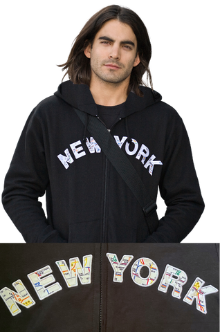 NYC Subway Line | Adult Photo of Classic Black zip-up hoodie featuring white appliqué letters imprinted with the NYC subway map design, a versatile three-season essential for your wardrobe