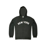 NYC Subway Line |  Classic Black zip-up hoodie featuring white appliqué letters imprinted with the NYC subway map design, a versatile three-season essential for your wardrobe