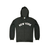 NYC Subway Line |  Classic Black zip-up hoodie featuring white appliqué letters imprinted with the NYC subway map design, a versatile three-season essential for your wardrobe