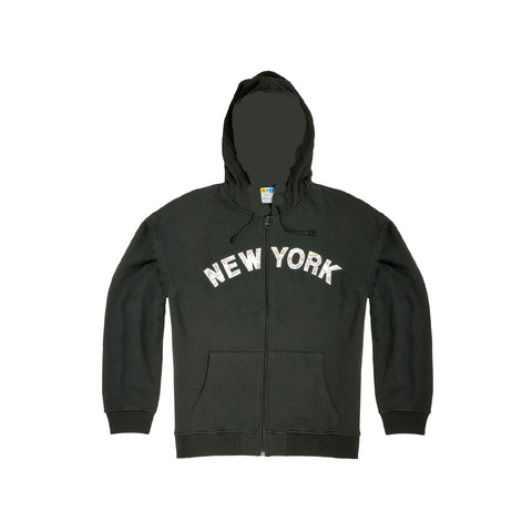 NYC Subway Line |  Classic Black zip-up hoodie featuring white appliqué letters imprinted with the NYC subway map design, a versatile three-season essential for your wardrobe