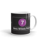 NYC Subway Line Black Multi-Circle Mug | Black ceramic mug, 11 oz, with a front-facing view featuring Mets Stadium subway line symbol from 'New York City Subways'.