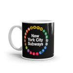 NYC Subway Line Black Multi-Circle Mug | Black ceramic mug, 11 oz, with a front-facing view featuring colorful New York City subway line symbols arranged in a circular design around the text 'New York City Subways'.
