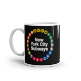 NYC Subway Line Black Multi-Circle Mug | Black ceramic mug, 11 oz, with a front-facing view featuring colorful New York City subway line symbols arranged in a circular design around the text 'New York City Subways'.