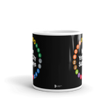 NYC Subway Line Black Multi-Circle Mug | 11 oz black ceramic mug in side view, featuring a vibrant design of New York City subway line symbols in a circular arrangement around the text 'New York City Subways'.