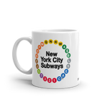 NYC Subway Line Black Multi-Circle Mug | White ceramic mug, 11 oz, with a front-facing view featuring colorful New York City subway line symbols arranged in a circular design around the text 'New York City Subways'.