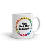 NYC Subway Line Black Multi-Circle Mug | 11 oz white ceramic mug in side view, featuring a vibrant design of New York City subway line symbols in a circular arrangement around the text 'New York City Subways'.