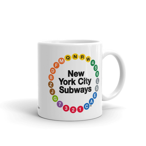 NYC Subway Line Black Multi-Circle Mug | 11 oz white ceramic mug in side view, featuring a vibrant design of New York City subway line symbols in a circular arrangement around the text 'New York City Subways'.