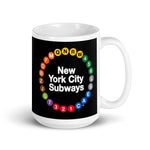 NYC Subway Line Black Multi-Circle Mug | 15 oz black ceramic mug with a front-facing view, showcasing colorful New York City subway line symbols arranged in a circular design around the text 'New York City Subways'.