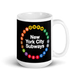 NYC Subway Line Black Multi-Circle Mug | 15 oz black ceramic mug with a front-facing view, showcasing colorful New York City subway line symbols arranged in a circular design around the text 'New York City Subways'.