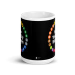 NYC Subway Line Black Multi-Circle Mug | 15 oz black ceramic mug in side view, featuring a vibrant design of New York City subway line symbols in a circular arrangement around the text 'New York City Subways'.