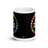 NYC Subway Line Black Multi-Circle Mug | 15 oz black ceramic mug in side view, featuring a vibrant design of New York City subway line symbols in a circular arrangement around the text 'New York City Subways'.