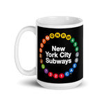 NYC Subway Line Black Multi-Circle Mug | 15 oz black ceramic mug with a straight-on view, featuring a vibrant design of New York City subway line symbols in a circular arrangement around the text 'New York City Subways'.