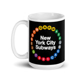 NYC Subway Line Black Multi-Circle Mug | 15 oz black ceramic mug with a straight-on view, featuring a vibrant design of New York City subway line symbols in a circular arrangement around the text 'New York City Subways'.