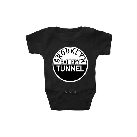 Brooklyn Tunnel Tee | Brooklyn Battery Tunnel Romper | Black romper featuring a retro 1950s Brooklyn Battery Tunnel sign design with a mid-century vibe, made from 100% cotton.